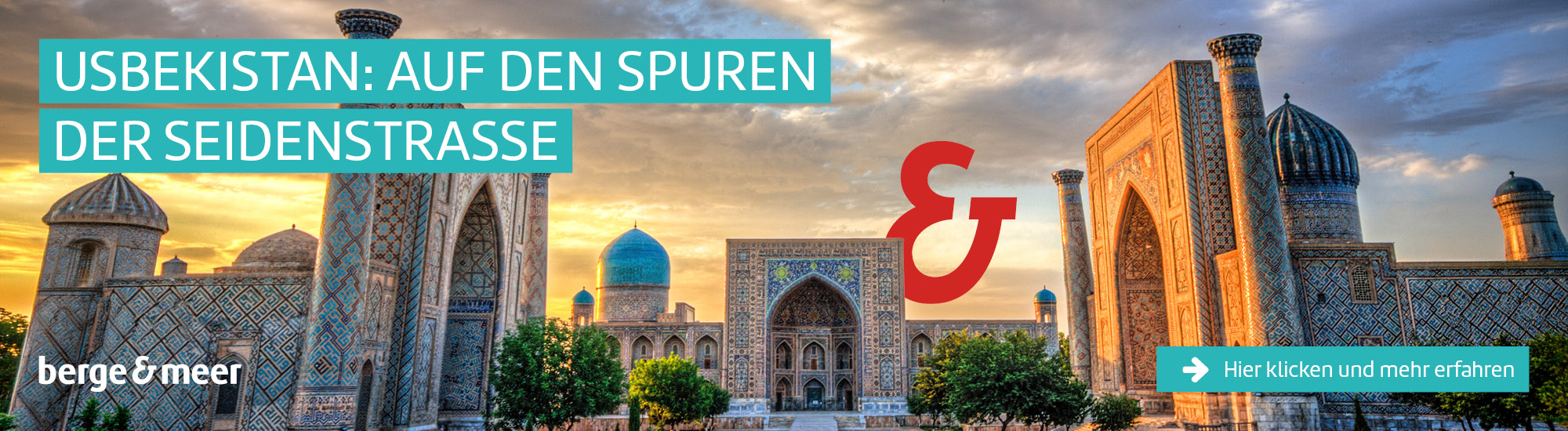 Seidenstraße in Usbekistan: Farbenprächtige Architektur bei bewölktem Himmel